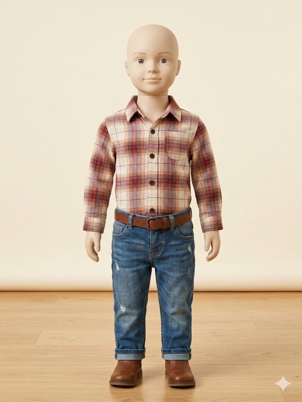 Cat & Jack Cream, Red, Tan & Green Plaid Button Down Shirt.         KS 19